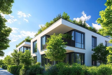 Modern Sustainable Residential Building with Lush Landscaping and Bright Daylight in Urban Environment