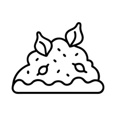 Outline vector illustration of a dessert with leaves, cake, pastry, and sweet treat design element