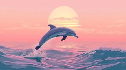 Dolphin Jumping From Ocean Wave at Sunset with Pastel Sky Colors