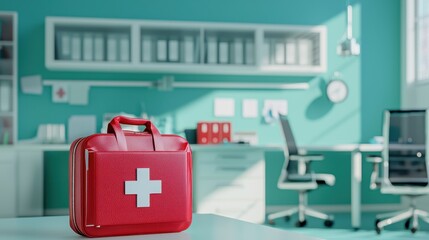 Red First Aid Kit on Table in a Modern Healthcare Office Setting