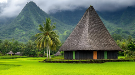 Idyllic Landscape of Rice Field with Traditional House in Rural Setting under Cloudy Sky with Forested Mountains in the Background in Daytime