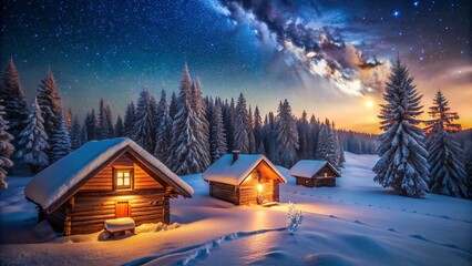 Fototapeta premium Cozy Snow-Covered Log Cabins in Winter Wonderland - Perfect Holiday Card Image