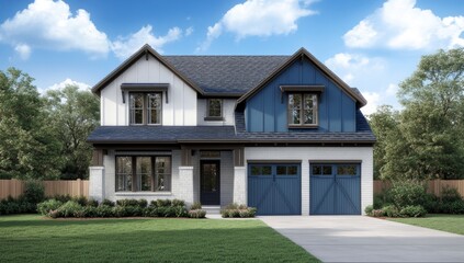 Obraz premium Two-story home with split-color siding, inviting front porch, and attached garage