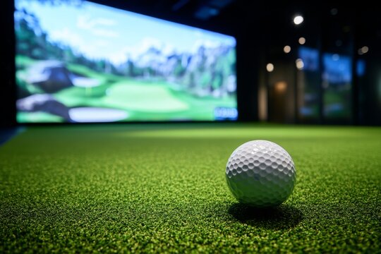Interactive golf simulator experience.  A golf ball rests on a vibrant green artificial turf, in front of a large screen displaying a scenic golf course
