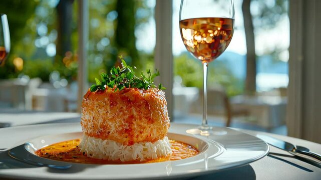 Gourmet dish of rice and seafood with herbs.