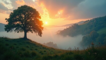 Obraz premium Sunlit fog drifts through ancient trees, panoramic view, serene, trees, majestic