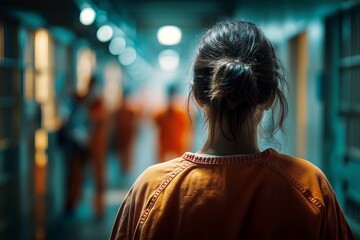 Woman in Orange Jumpsuit Walks Through Prison Corridor During Afternoon