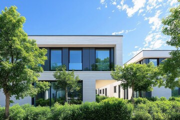 Modern Architectural Design of Sustainable Residential Buildings with Minimalistic Style and Lush Landscaping