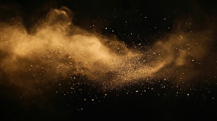 Elegant golden dust cloud dancing against a stark black canvas showcasing luminosity