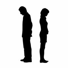 Vector silhouettes of a man and a woman, a couple of business people standing in profile
