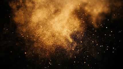 Abstract golden dust explosion with shimmering particles on dark background