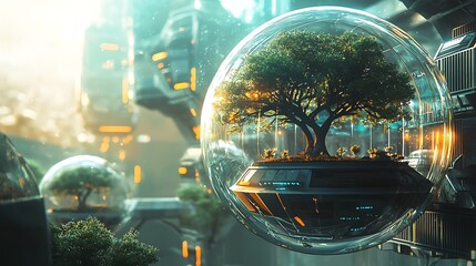 Futuristic cityscape with floating spherical gardens