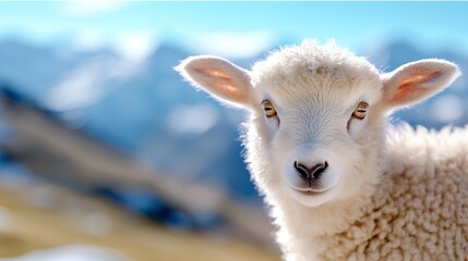 Fototapeta premium Close up of a cute lamb in mountains