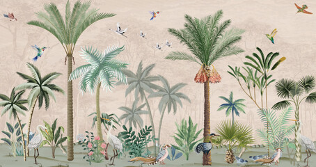 Hand painted wallpaper and fabrics, Garden Illustration, Mural Illustration, Wallpaper. © Sharif