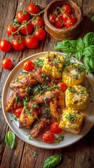Grilled Chicken Wings Served With Sweet Corn and Fresh Herbs on a Wooden Table