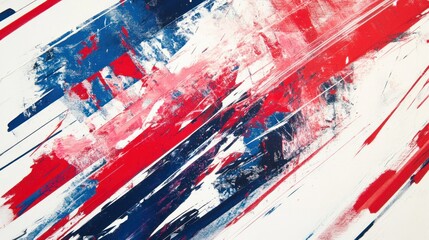 Abstract painting with bold red, blue, and white brushstrokes.