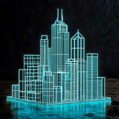 Fototapeta premium Futuristic city skyline model glowing at night; urban development, technology concept