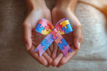 Colorful Puzzle Ribbon Symbolizing Autism Awareness with Hands, Support for Autism Spectrum Disorder
