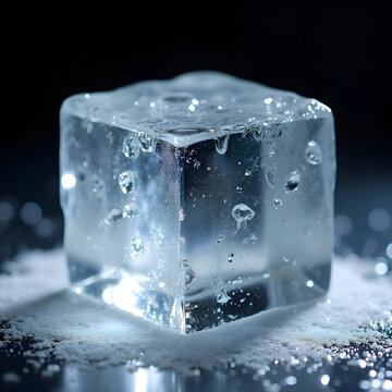 Clear empty transparent ice cube on snowy glass surface with reflection and bokeh