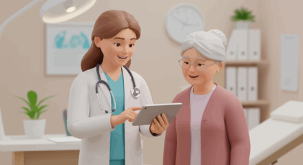 Fototapeta premium Happy female doctor and senior patient look at tablet screen discuss treatment or therapy on gadget. Smiling woman nurse and mature client use pad device discussing results in modern hospital 
