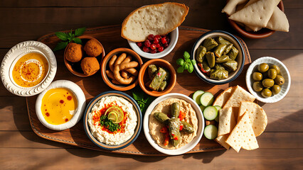 Middle Eastern mezze platter with hummus, falafel, tabbouleh, baba ghanoush, and pita bread on a rustic wooden table, served in ceramic bowls under natural light.