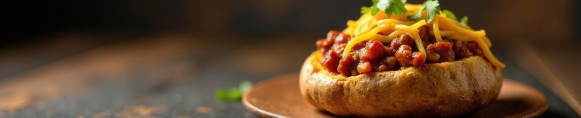 Baked potato overflowing with hearty beef chili con carne , con carne, mexican food
