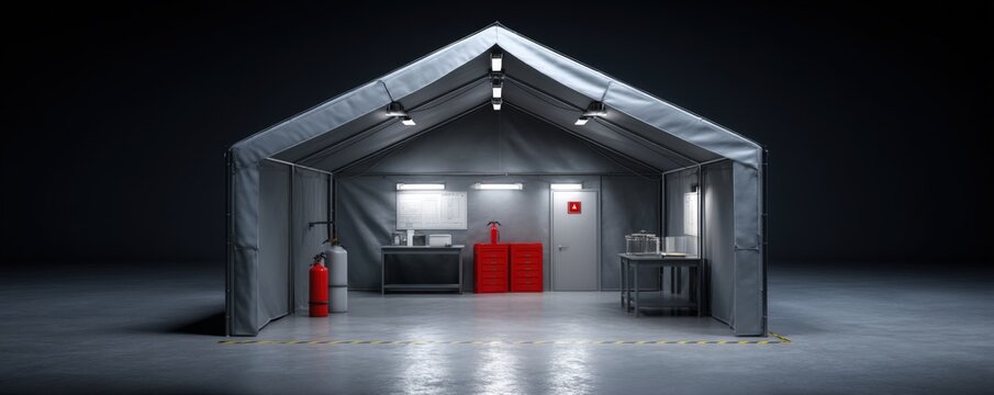 Disaster relief and earthquake emergency response, A large, gray tent with an organized interior featuring a workbench, storage units, and safety equipment, illuminated in a dark environment.