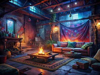 Cozy Boho Fireplace Lounge: Urban Exploration Photography