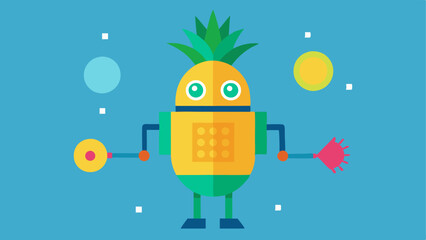 Pineapple Robot A playful design featuring a robot whose body is made of a pineapple with a green spiky crown. The robot has mechanical arms and legs made from shiny metal parts