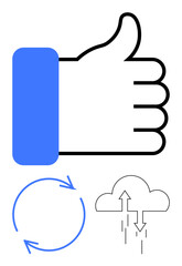 Thumbs-up gesture paired with circular arrows and cloud with flow arrows to illustrate approval, feedback, renewal, cycle, cloud technology, sharing, and connectivity concepts. Ideal for teamwork