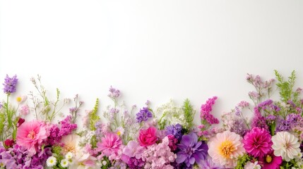 Naklejka premium Floral Arrangement Wildflowers Botanical Bright Style High-Resolution Horizontal Border Composition Delicate Blooms White Background Pastel Spring Tones Ideal for Wedding Invitations