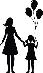 Mom and daughter walking together holding balloons silhouette art. Mother's day concept. Vector illustration