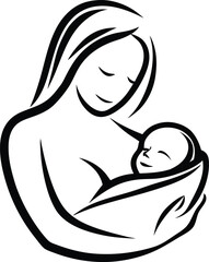mother and baby stylized vector symbol, mom hugs her child illustration
