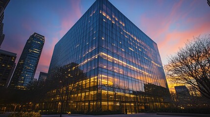 Fototapeta premium A modern glass skyscraper stands tall against a vibrant sunset.