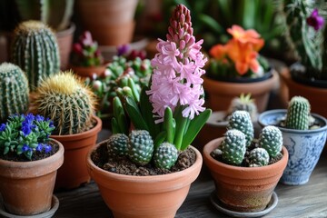 Assorted potted plants, vibrant bloom