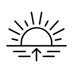 Sunrise over water vector art illustration, rising sun with arrow, minimalist design element graphic, line art icon