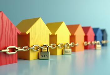Row of Colorful Houses Chained Together with Padlocks Marked "SOLD" Representing Real Estate Market Lock-In and Housing Inaccessibility