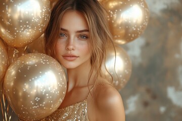 Fototapeta premium Glamorous Blonde Woman Holding Golden Star Balloons in Sparkling Dress Against Black Background