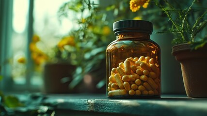 Amber bottle filled with pills on a windowsill with plants and a bright light.