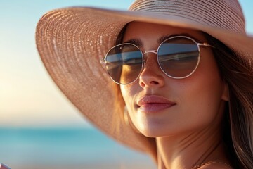 Fototapeta premium A serene portrait of a woman wearing a stylish hat and sunglasses, enjoying a relaxed moment by the beach, capturing the essence of summer tranquility and carefree vibes.
