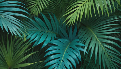 A vibrant composition showcasing various tropical leaves in shades of green and teal, creating a dense, lush visual.