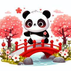 Obraz premium Cute cartoon illustration of a panda crossing a red bridge surrounded by cherry blossom trees