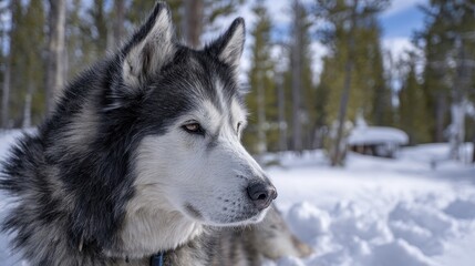 Naklejka premium A majestic adult Siberian Husky gazing intently into the distance - Alert Wildness Peaceful Day Spirit