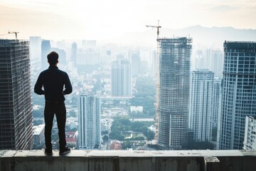 Man stands on rooftop edge overlooking a vast city skyline during sunrise