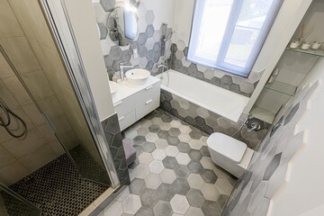 interior apartment room bathroom, sink, decorative elements, toilet