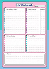 A pastel colored vertical Workweek planner template with sections for tasks, deadline, personal files, and notes. Perfect for organizing the working time of a freelancer and office worker.
