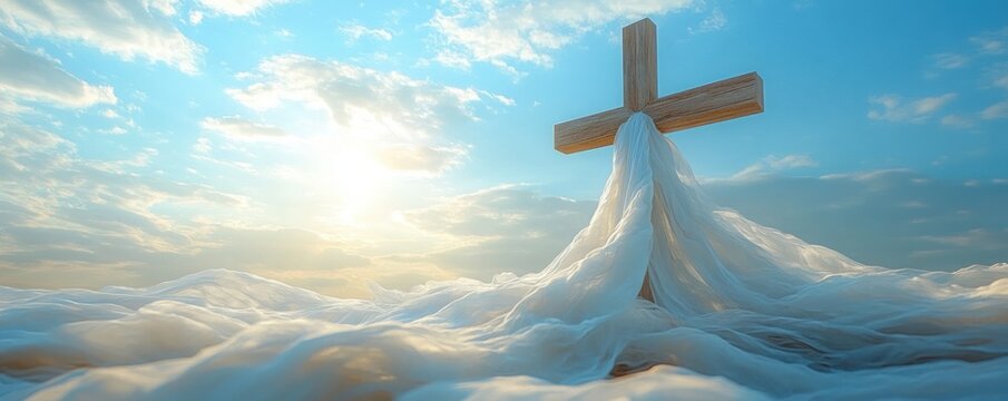 Christian Cross in Radiant Blue Sky with Divine Light Beams - Symbol of Resurrection and Salvation