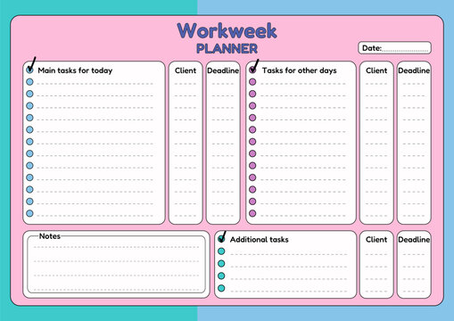 Printable horizontal workweek planner with task list, client deadline, and notes section in a pastel color scheme for organization. Perfect for organizing the working time of a freelancer and worker. - Powered by Adobe