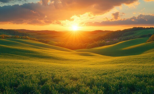 Rolling Green Fields Radiant Sunset Serene Landscape Countryside Impressionist