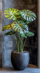 Monstera plant in black pot against gray textured wall. Indoor botanical decoration
